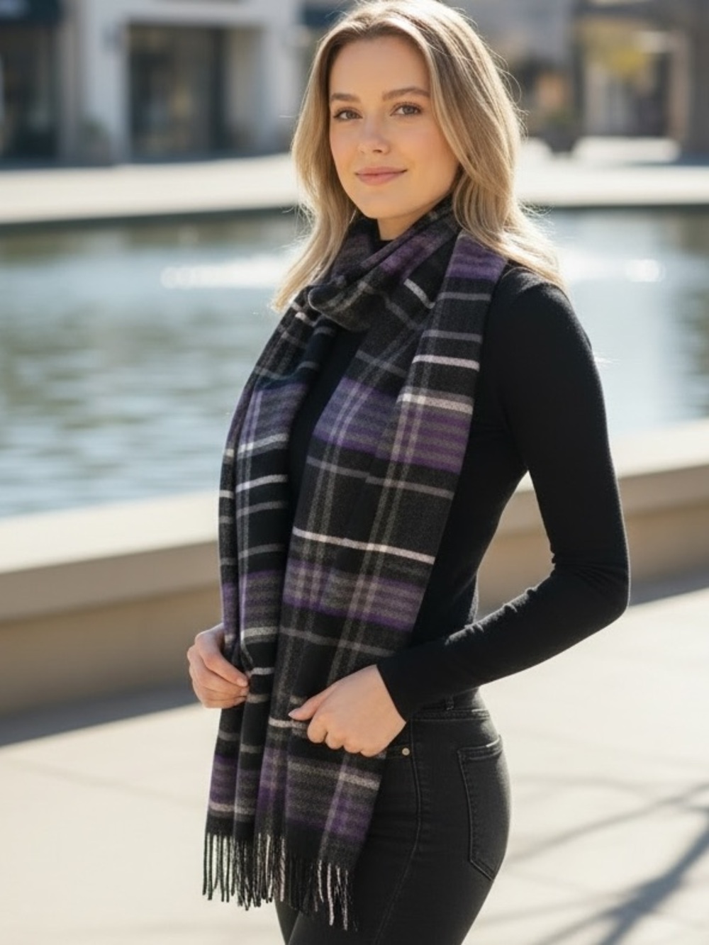 Purple Plaid Cashmere‑Feel Scarf | Soft Acrylic | Italy Design | 67” Long